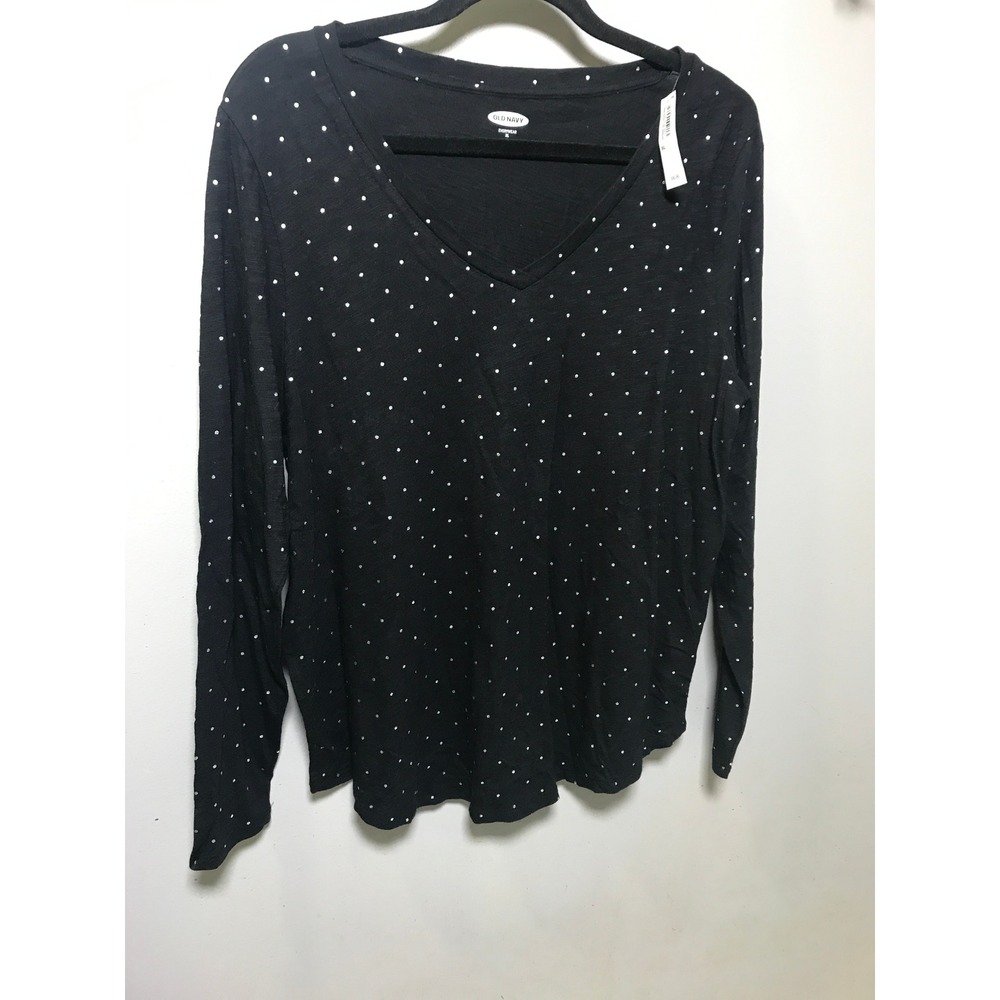 Old Navy EveryWear Women XL Black Polka Dot Long Sleeve V-Neck T-Shirt NWT
